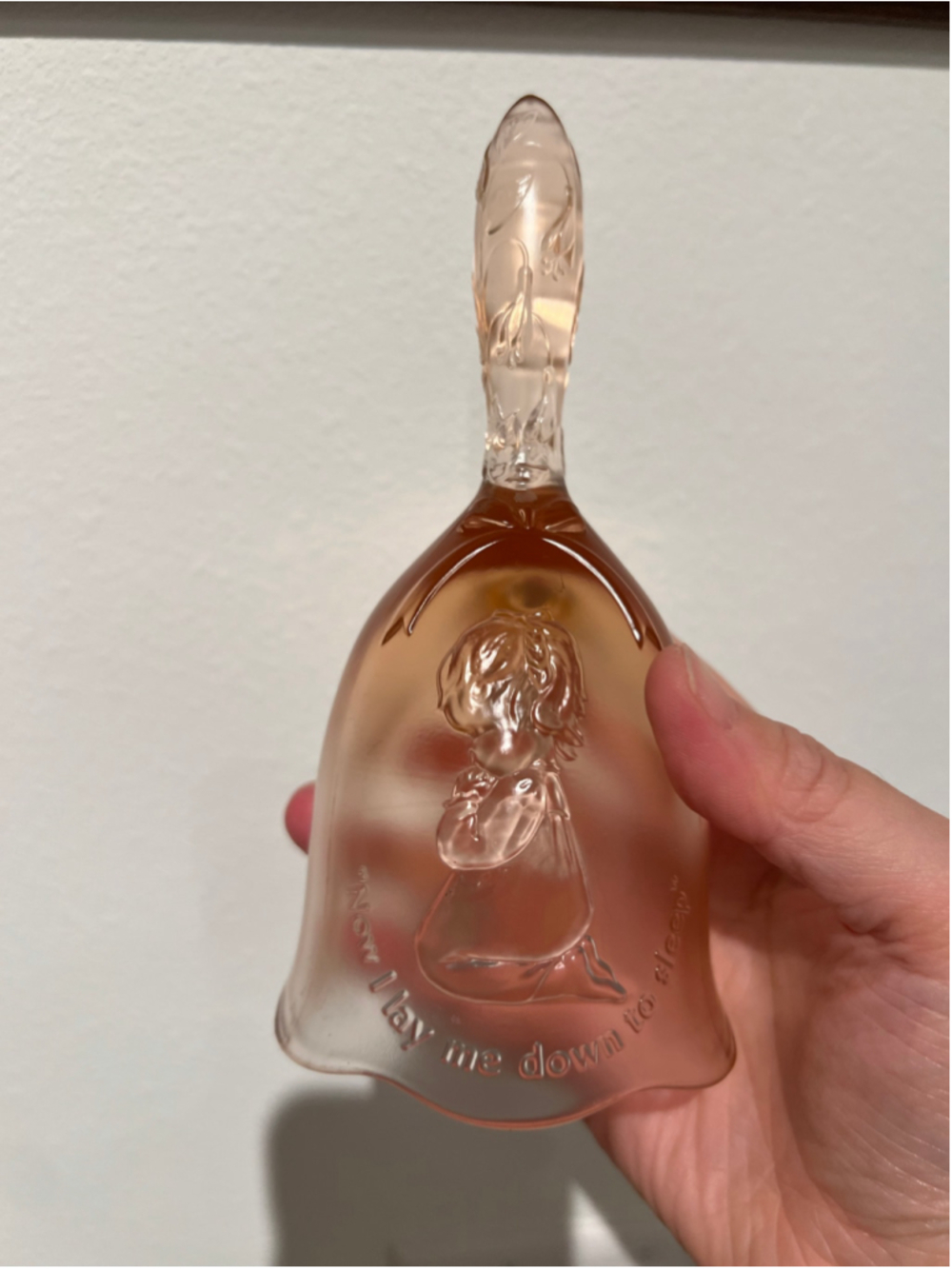 Fenton Pink Tint Glass Prayer Bell “Now I Lay me Down to Sleep" Girl 6.25"